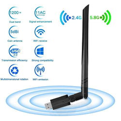 USB 3.0 1200Mbps Dual Band 2.4G/5G WiFi Adapter 802.11ac Wireless 5dBi Antenna